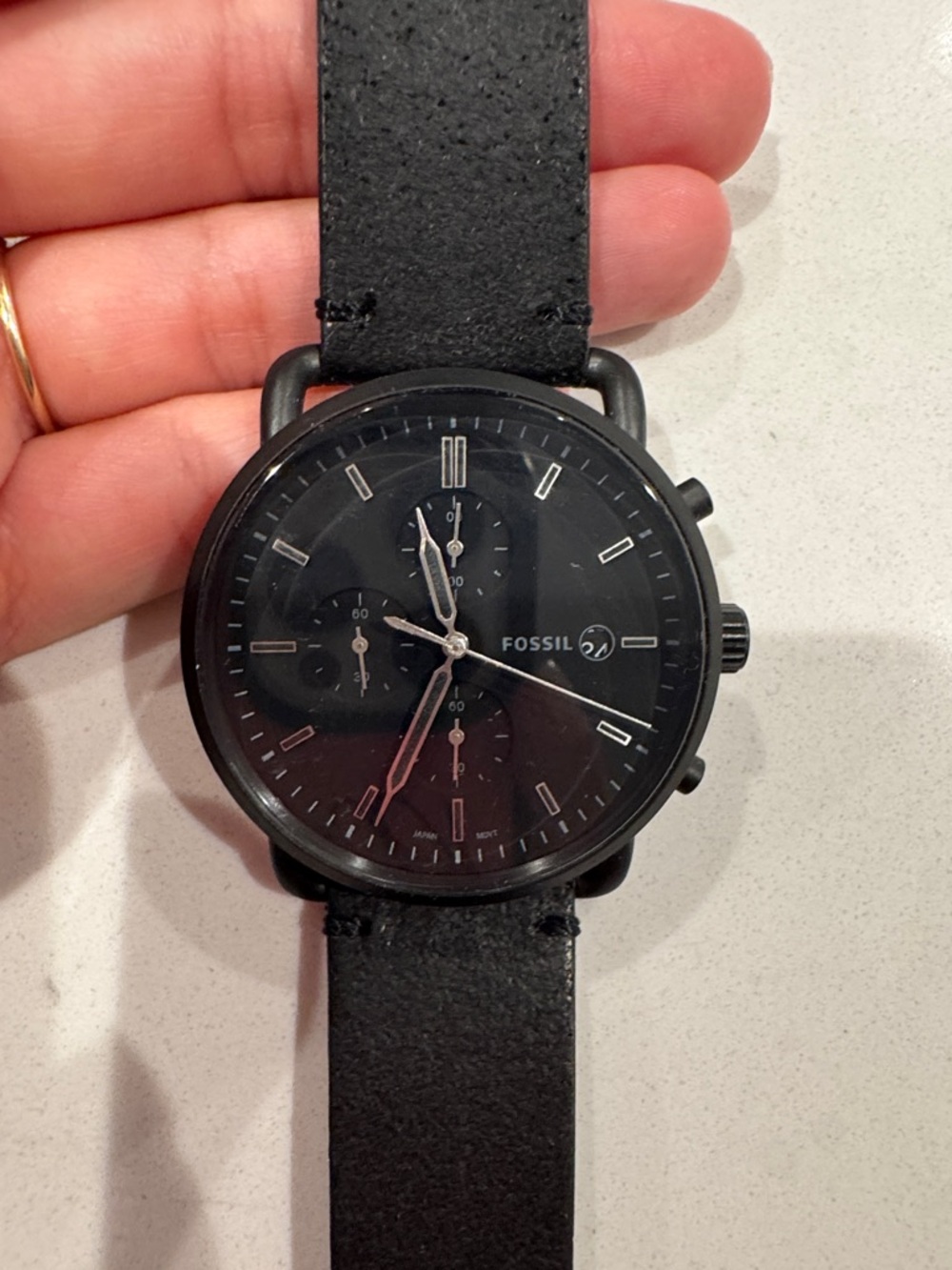 Fossil All-Black Chronograph Watch with Black Leather Strap